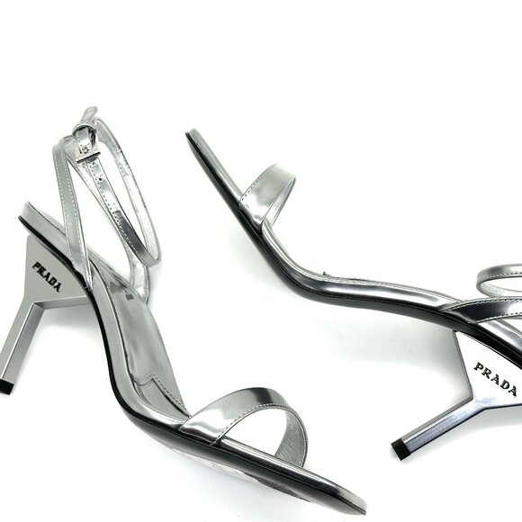 PRADA Metallic Leather Logo Triangle Heel Ankle Strap Sandals Heels Shoes - Picture 10 of 15